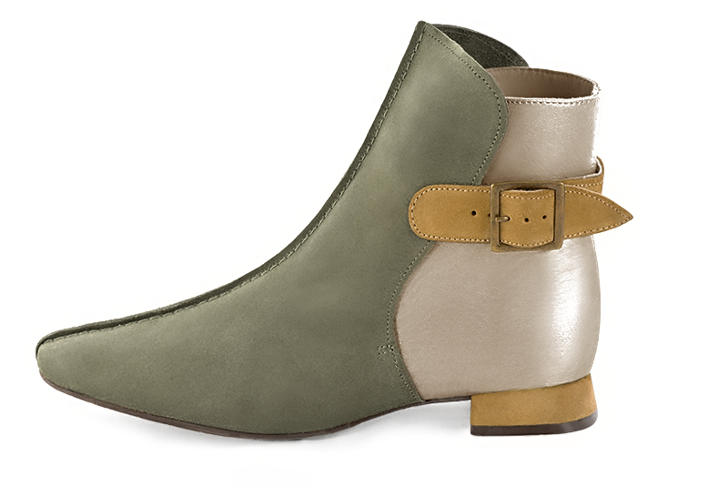 Khaki green, gold and mustard yellow women's ankle boots with buckles at the back. Square toe. Flat flare heels. Profile view - Florence KOOIJMAN